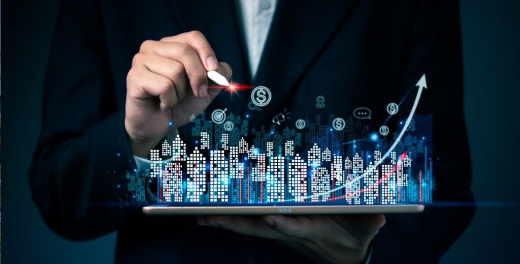 Digitale Darstellung von Immobilien und Finanztrends mit steigenden Grundsteuer-Entwicklungen