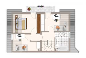 Grundriss mit Elternschlafzimmer, zwei Kinderzimmern, Bad und Balkon auf der Etage