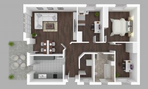 Grundriss mit Wohnzimmer, Küche, Bad, zwei Schlafzimmern, Arbeitsbereich und Terrasse