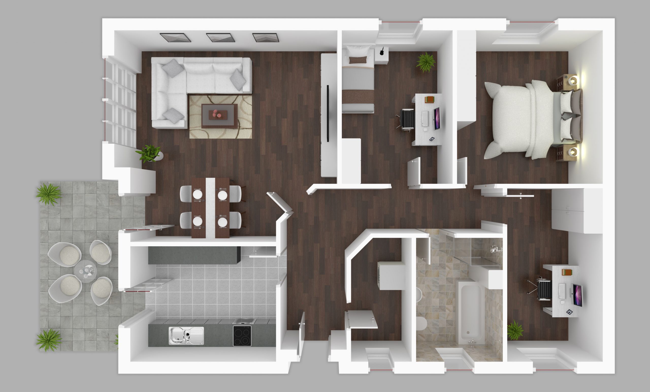 Grundriss mit Wohnzimmer, Küche, Bad, zwei Schlafzimmern, Arbeitsbereich und Terrasse