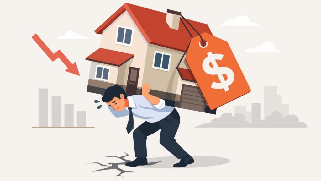 Illustration eines Mannes der ein Haus mit Preisschild trägt während Preise fallen