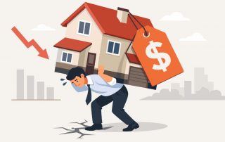 Illustration eines Mannes der ein Haus mit Preisschild trägt während Preise fallen